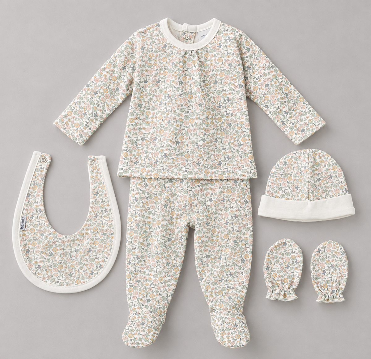 Set Primera Puesta Bebé Floral 5 Piezas – Regalo Recién Nacido