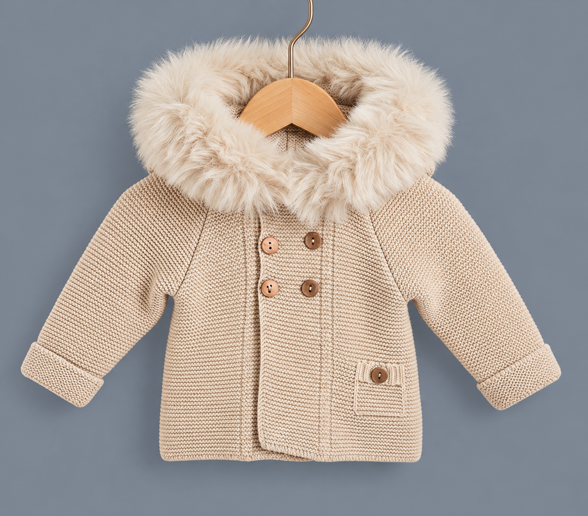Abrigo de Punto con Gran Capucha de Pelo - Beige