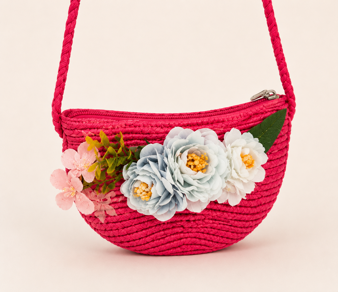 Bolso de Rafia Fucsia con Flores