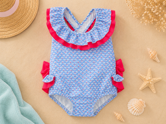 Bañador Bebé Niña Azul Celeste con Volantes y Lazos Coral