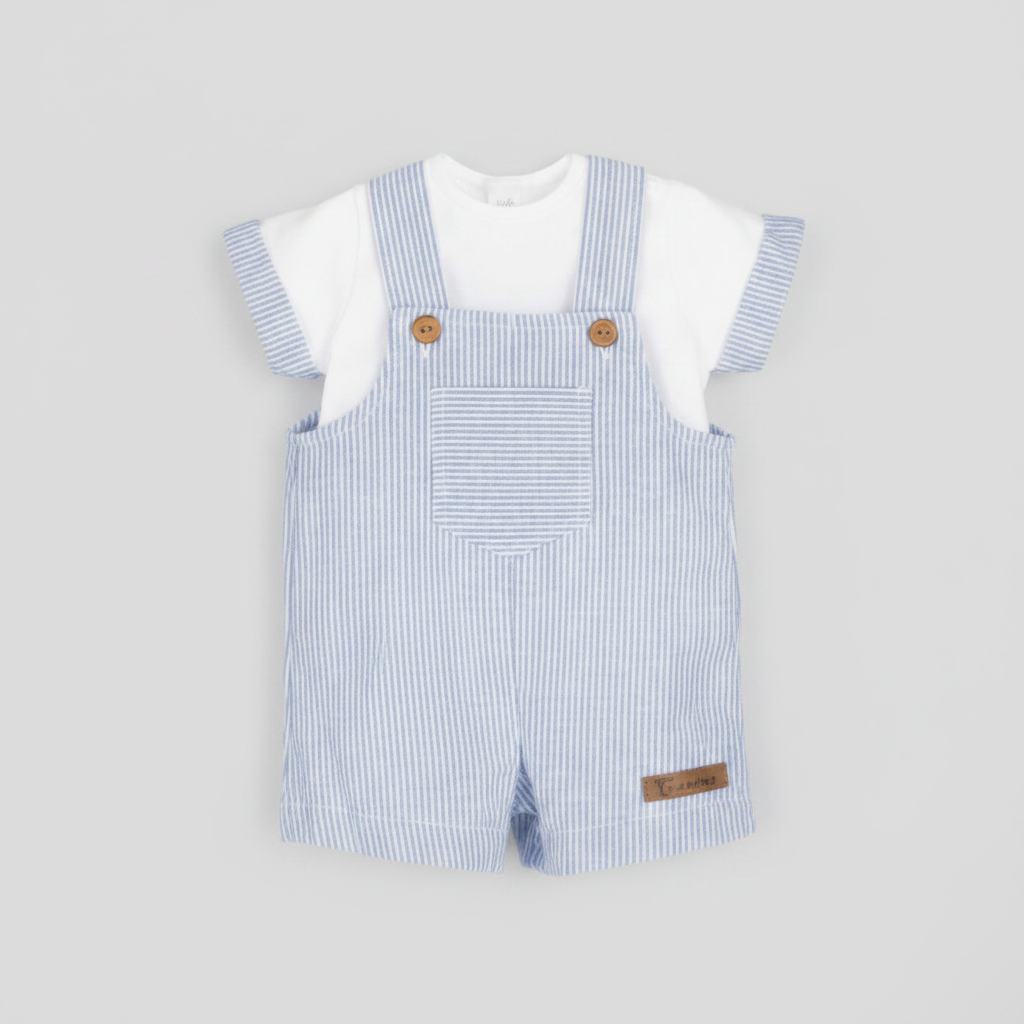 Conjunto bebé con peto de rayas azul y camiseta blanca