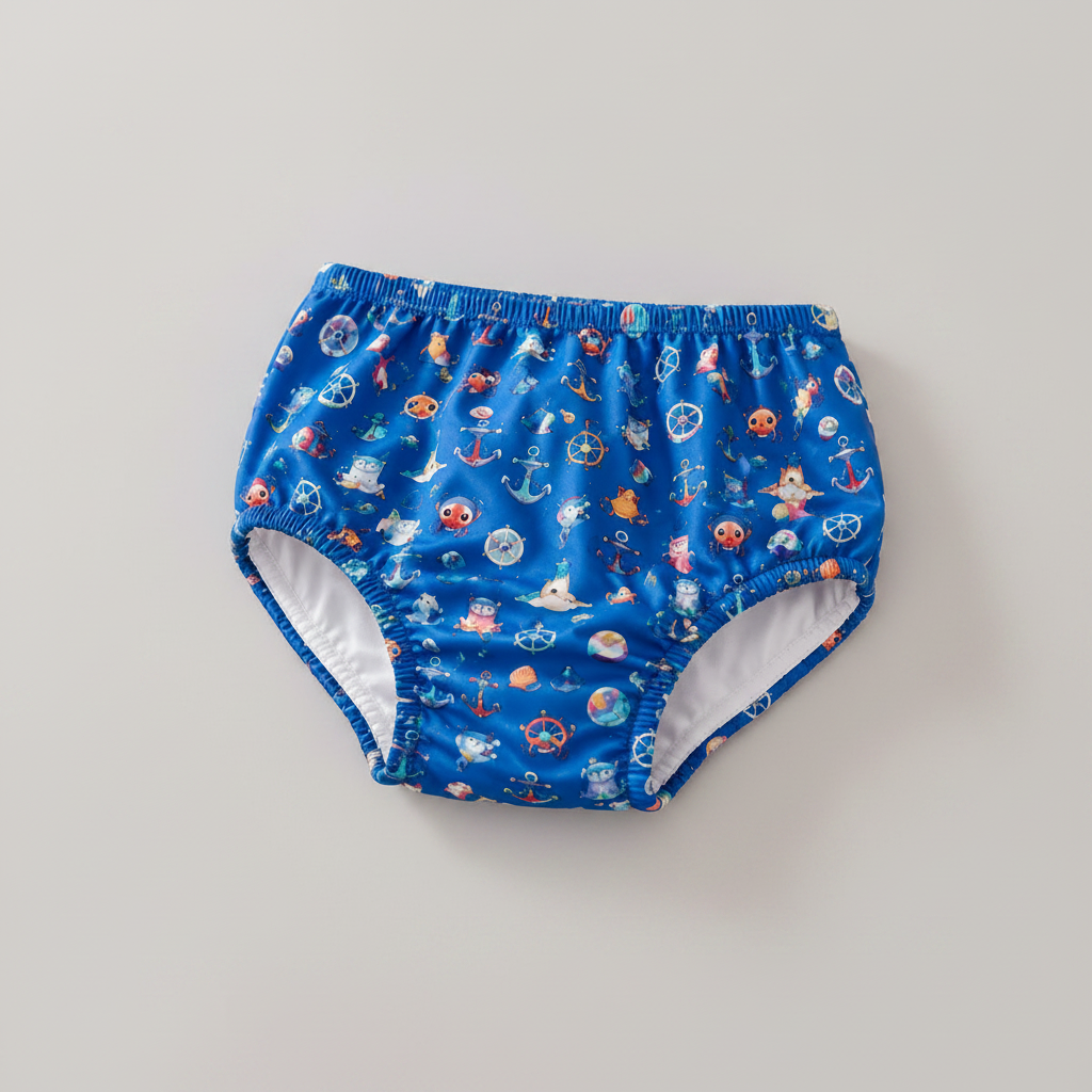 Calzoncillo de baño bebé estampado azul marino sobre fondo gris perla