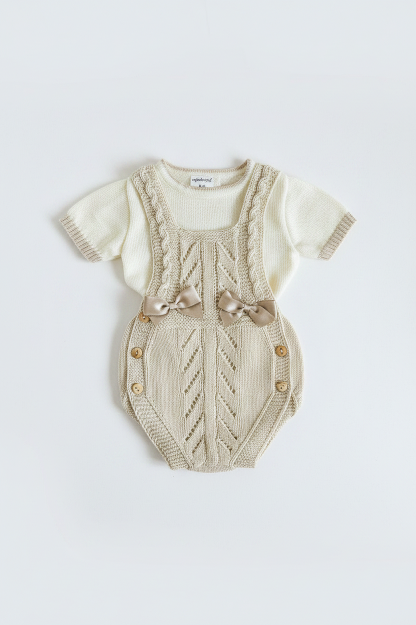 Conjunto bebé niño beige punto trenzado camiseta y ranita en plano sobre fondo blanco