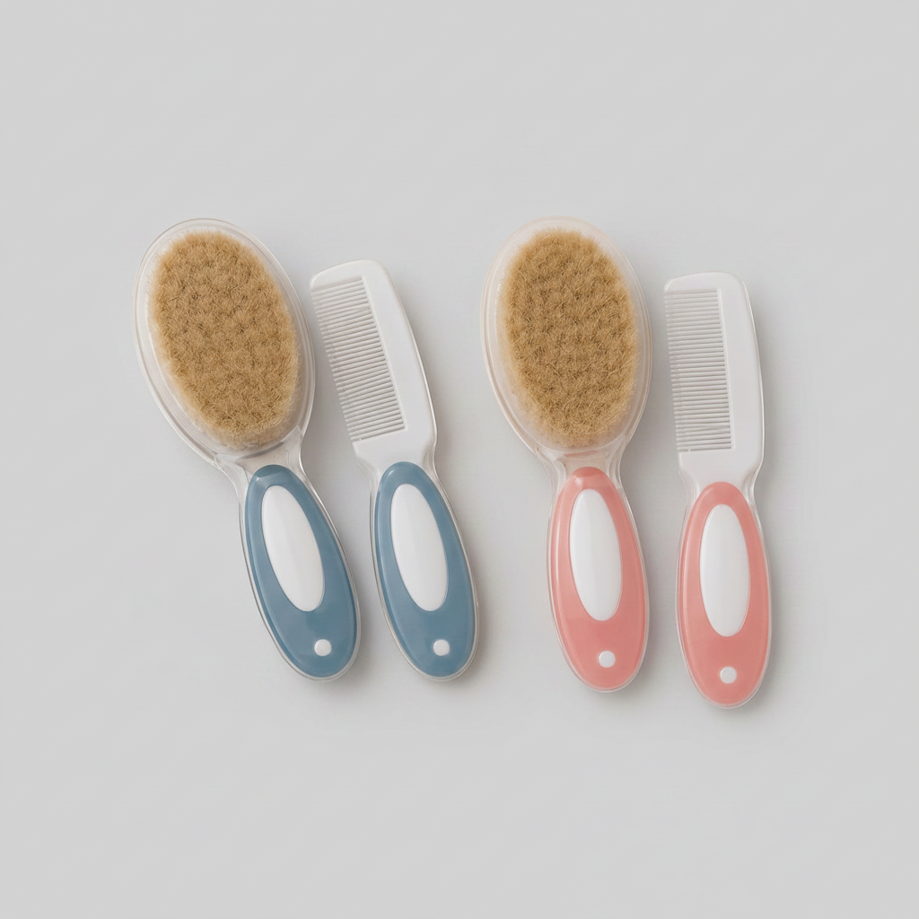 Set de cepillo y peine para bebé Saro sobre fondo gris perla