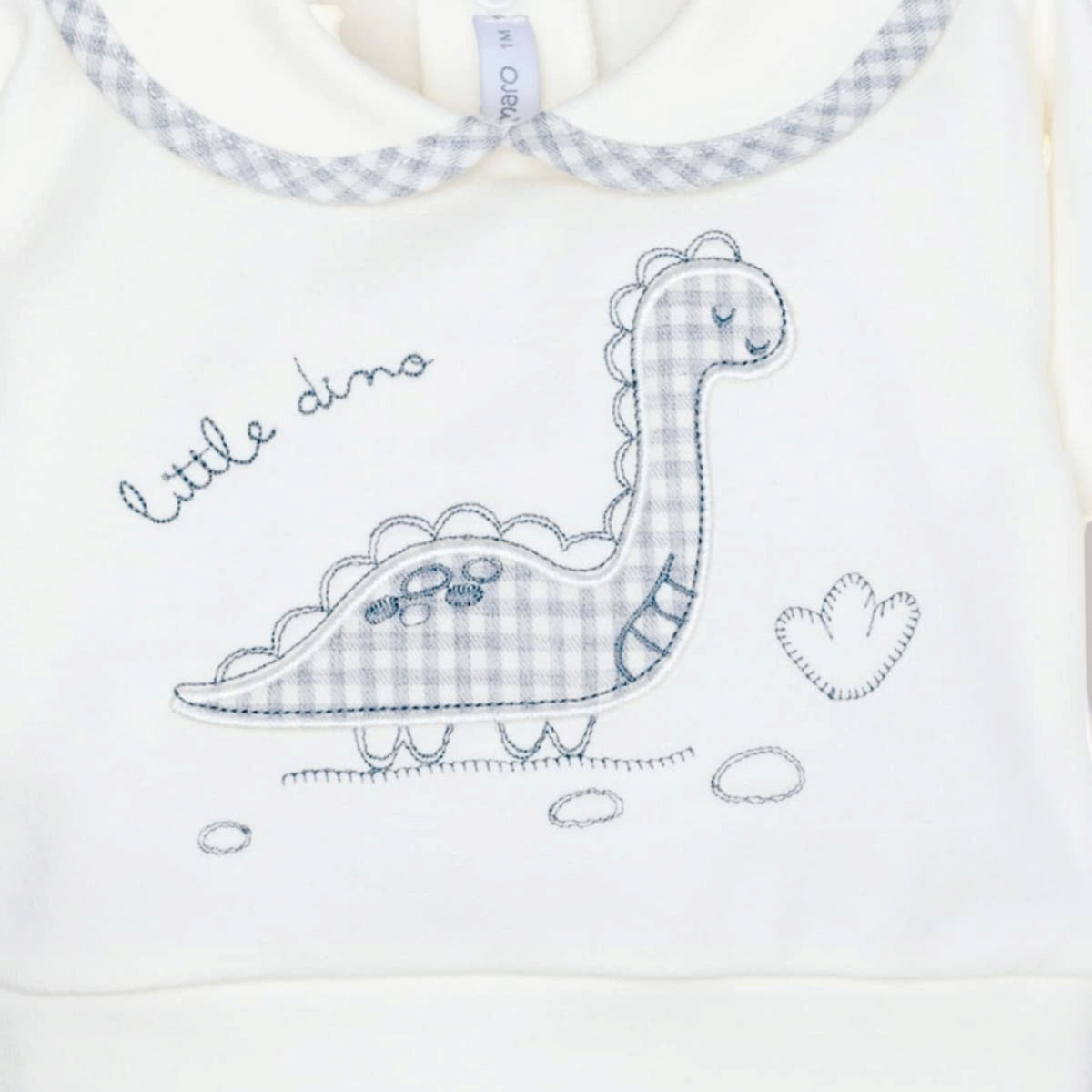 Sudadera cruda NAVIA con cuello bebé de vichy y bordado de dinosaurio gris para bebé