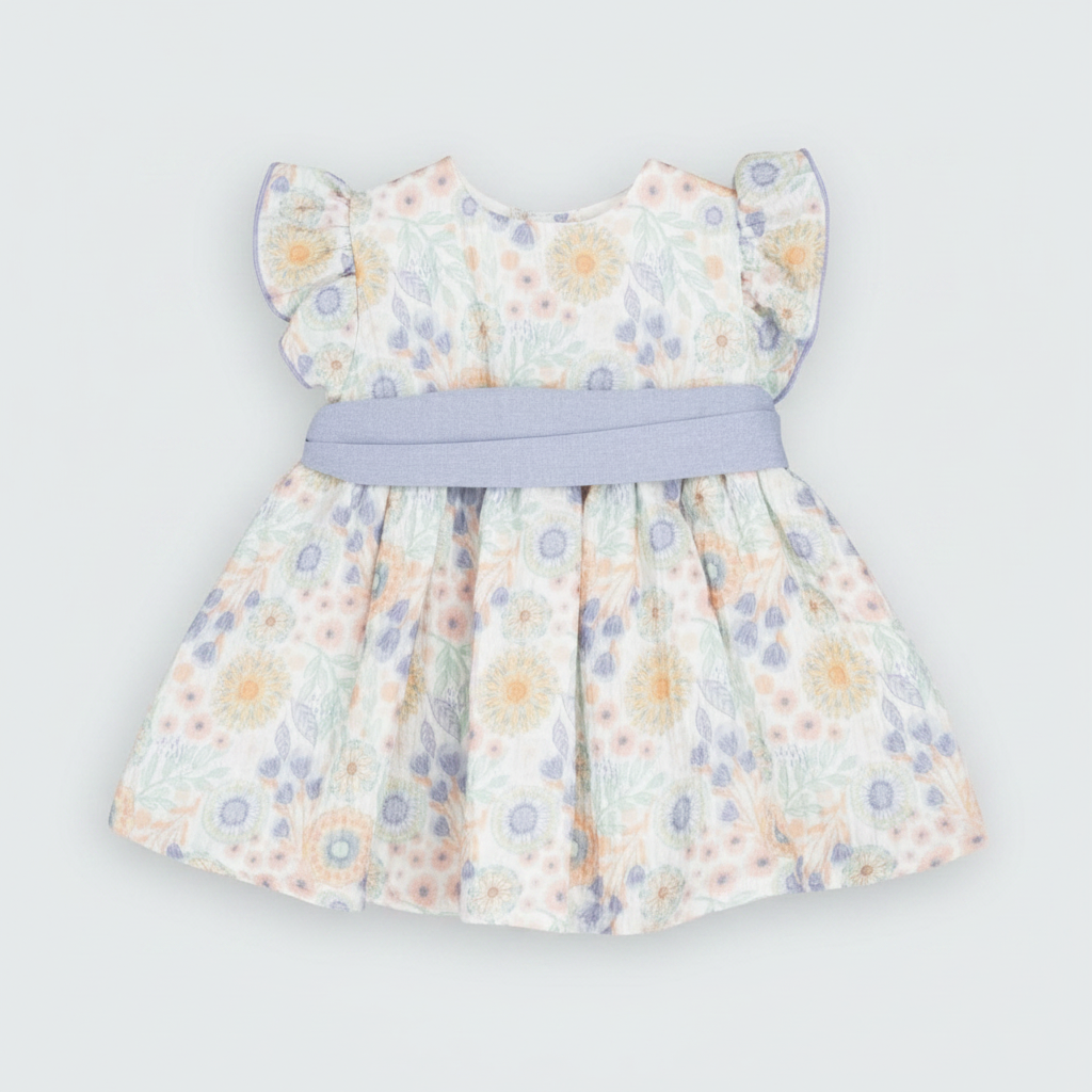 Vestido Infantil Shimla Floral con Cinturón Azul