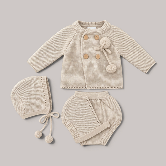 Conjunto de punto beige de tres piezas NAVIA para bebé, incluye jersey con botones, polainas y gorrito con pompones.