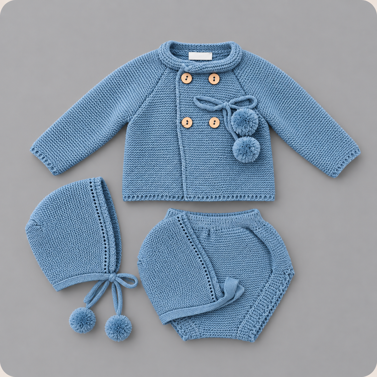 Conjunto de Punto con Chaqueta y Pompones MyBabyChic - Azul