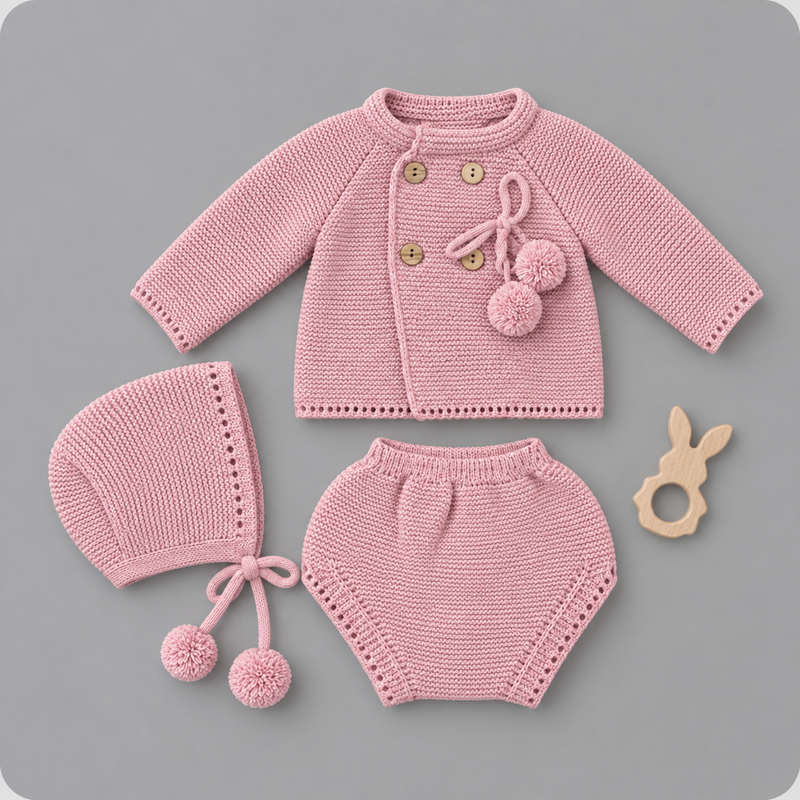Conjunto de Punto con Chaqueta y Pompones MyBabyChic - Rosa