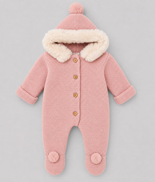 Pelele de Punto Rosa con Capucha para Bebé – Cálido Invierno
