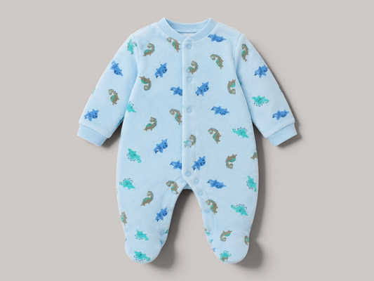 Pijama de bebé NAVIA en color azul claro con estampado de dinosaurios, confeccionado en algodón suave y transpirable.