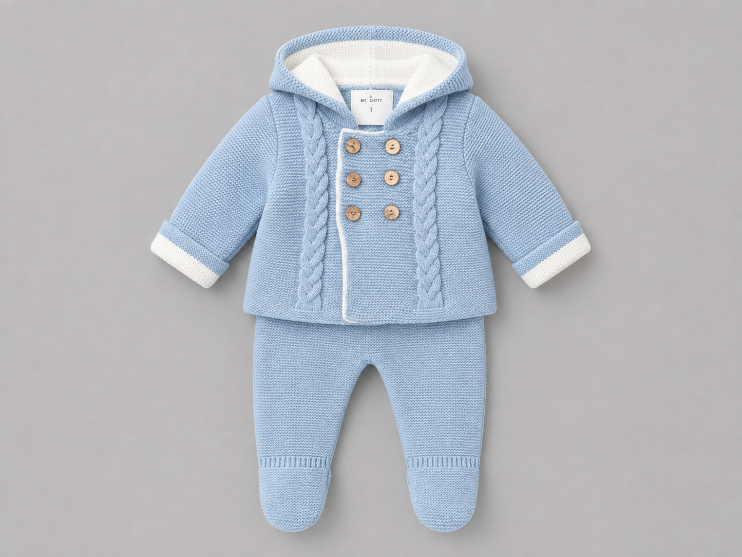 Conjunto de Punto Bebé Azul con Capucha