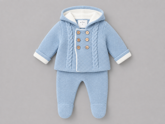 Conjunto de Punto Bebé Azul con Capucha