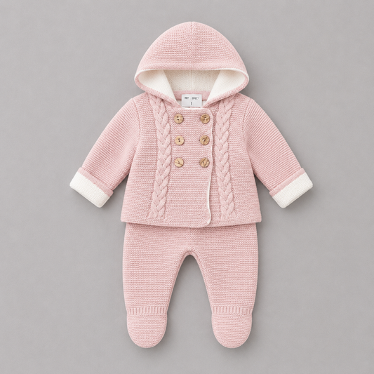 Conjunto de Punto Bebé Rosa con Capucha