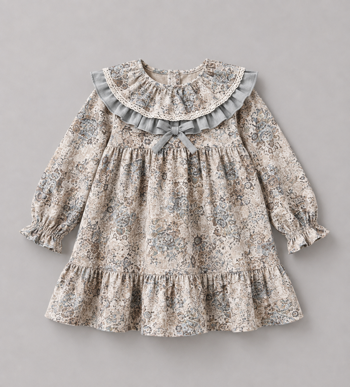 Vestido Niña Floral Beige y Azul con Volantes