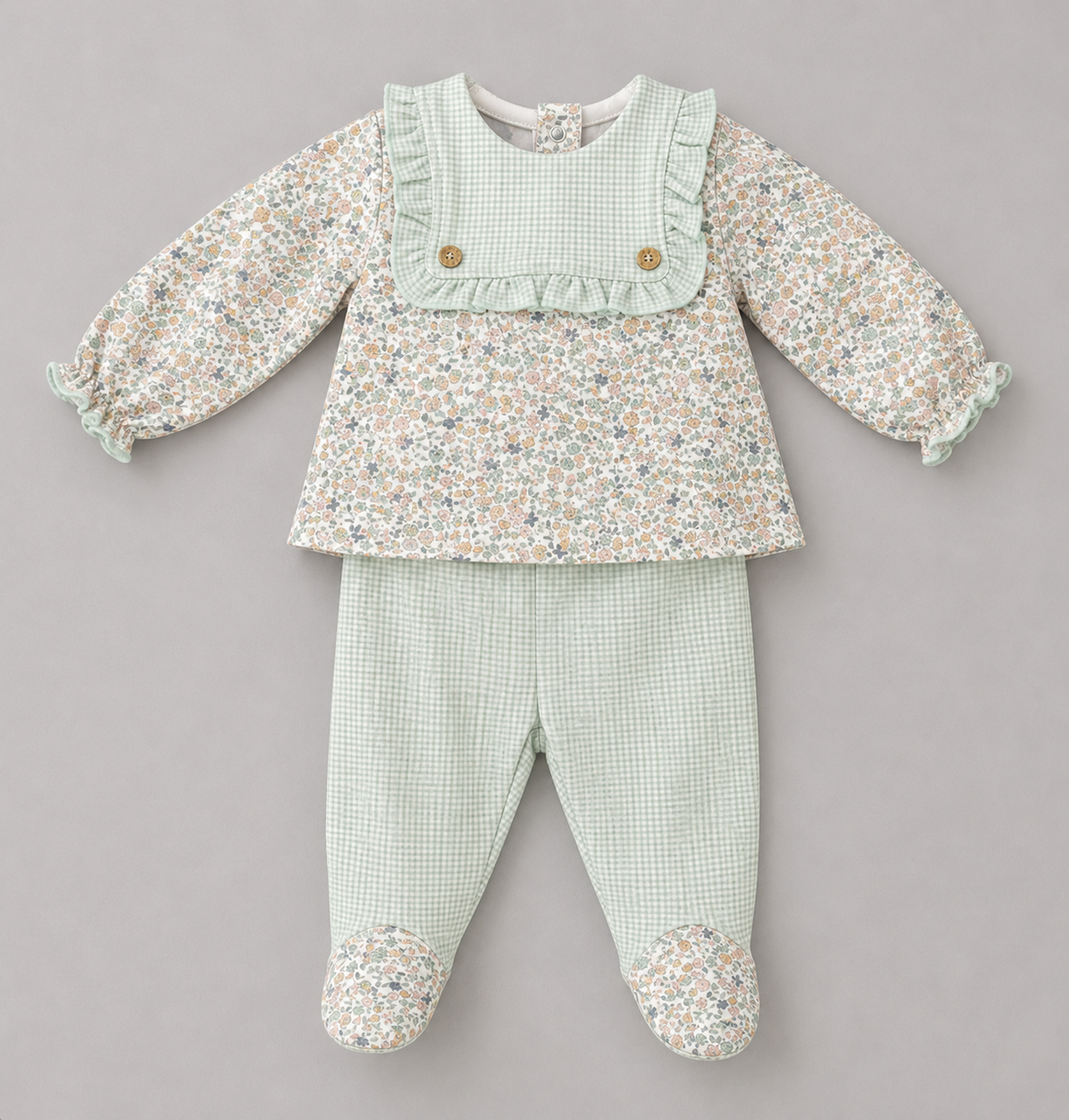Conjunto Bebé Floral con Vichy Verde