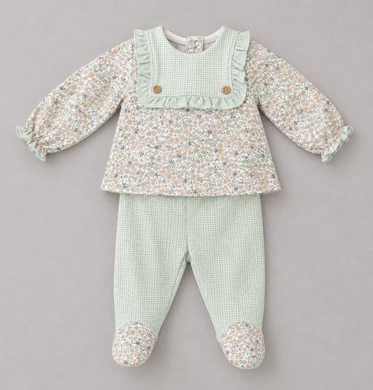Conjunto Bebé Floral con Vichy Verde