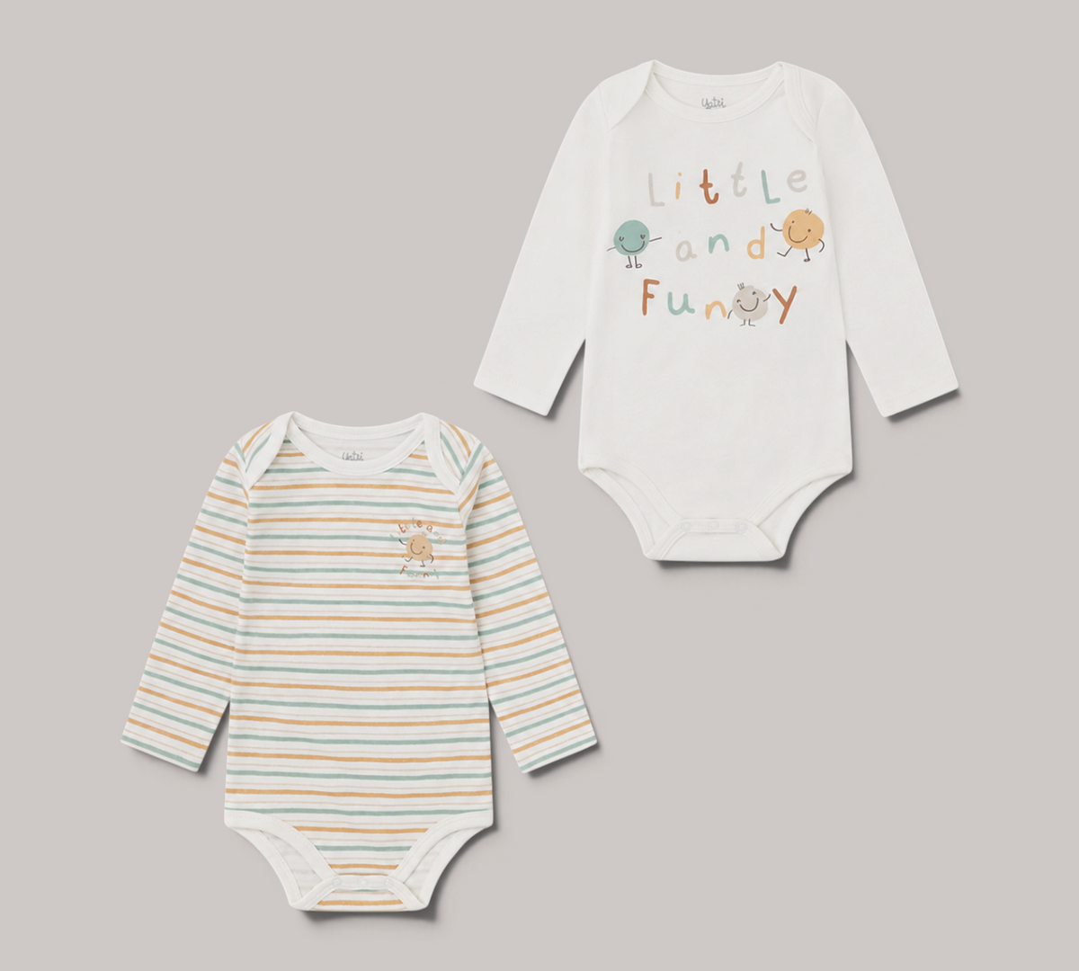 Pack de 2 bodies de manga larga NAVIA para bebé, uno a rayas y otro blanco con estampado Little and Funny