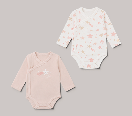 Pack de 2 bodies cruzados NAVIA para bebé con estampado de estrellas y diseño en color rosa suave de algodón transpirable