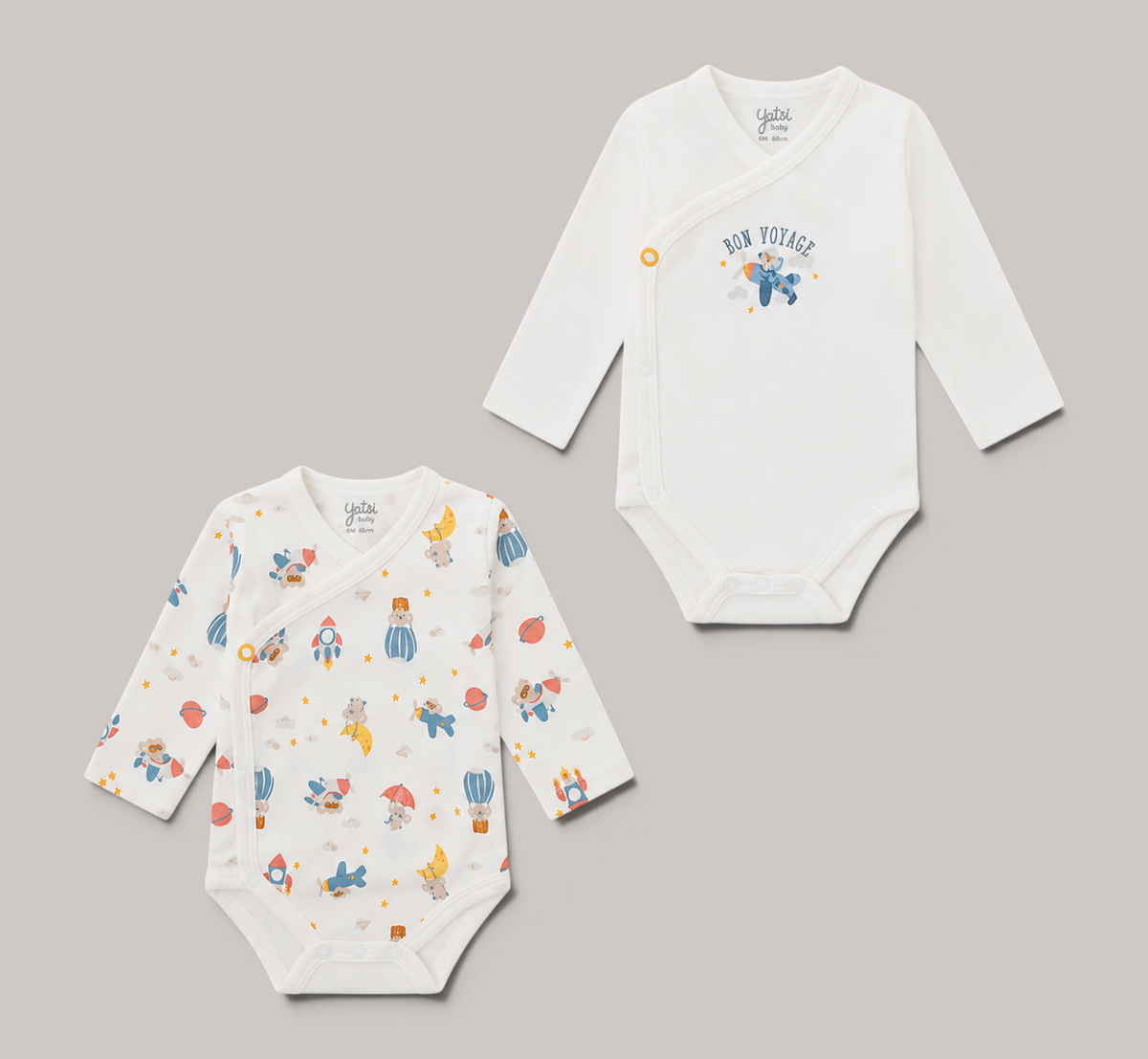 Pack de 2 bodies cruzados NAVIA YATSI BABY de algodón blanco con estampado de animalitos y diseño bon voyage