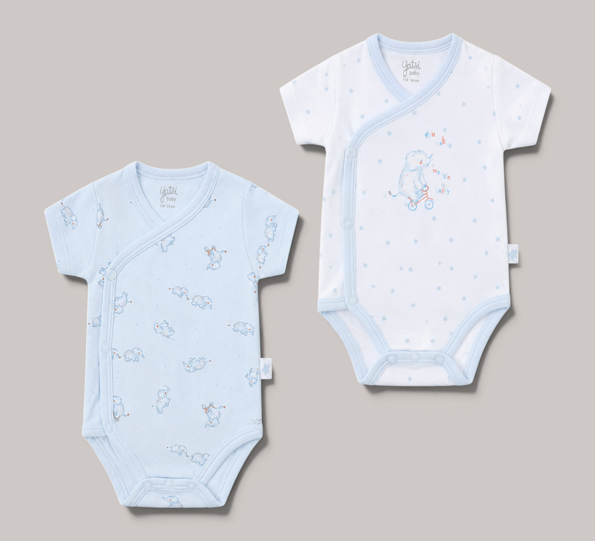 Pack de 2 bodies NAVIA para bebé en azul y blanco con estampado de elefantes, manga corta y cierre lateral