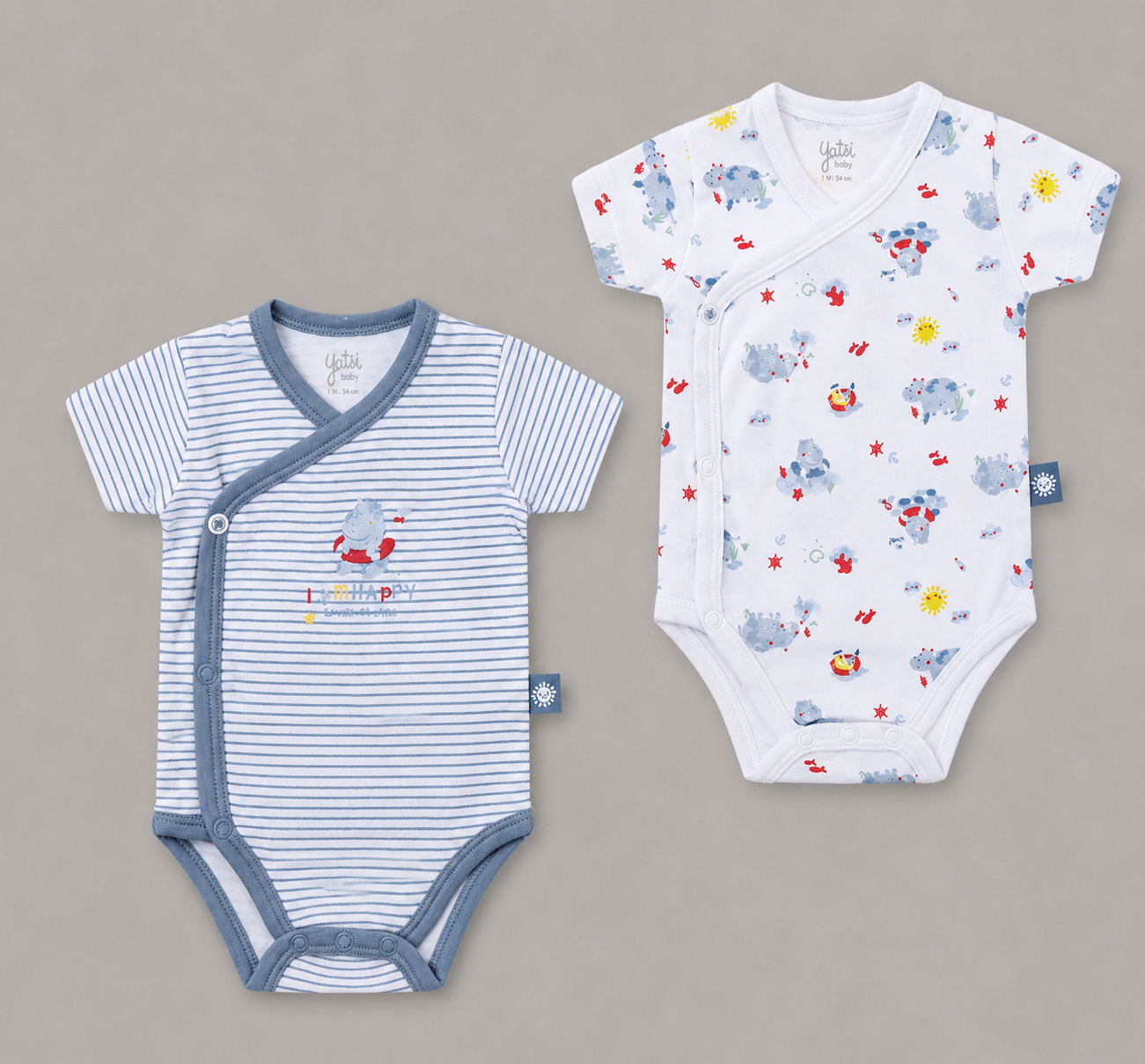 Pack 2 Bodies Bebé Azul con Estampado de Hipopótamos