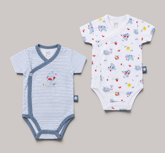 Pack de 2 bodies NAVIA para bebé en azul y blanco con estampado de hipopótamos y rayas, algodón suave y transpirable.