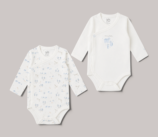 Pack de 2 bodies de manga larga NAVIA para bebé, color blanco con estampado de elefantes y diseño cruzado suave.