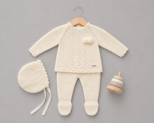 Conjunto de Punto Bebé Crema con Gorro y Pompones