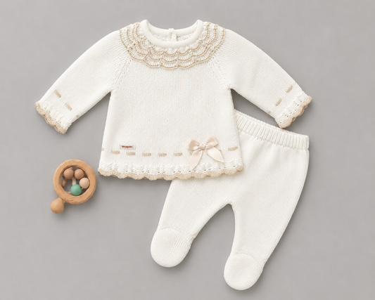 Conjunto de Punto Crema con Lazo para Bebé