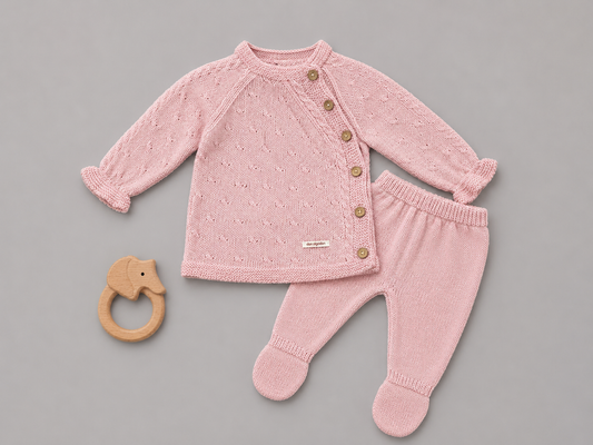 Conjunto de Punto Rosa con Botones para Bebé