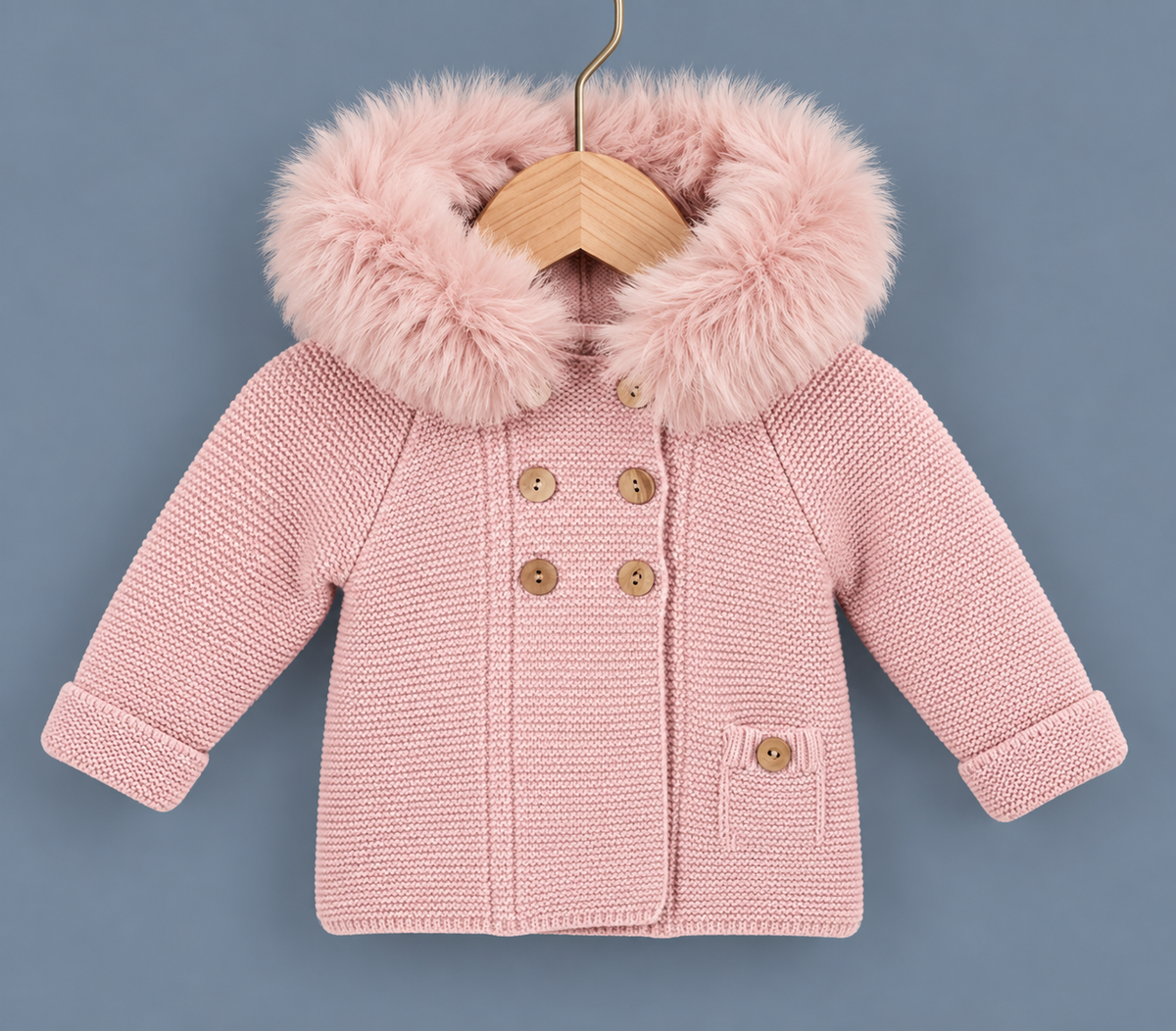 Abrigo de Punto con Gran Capucha de Pelo - Rosa