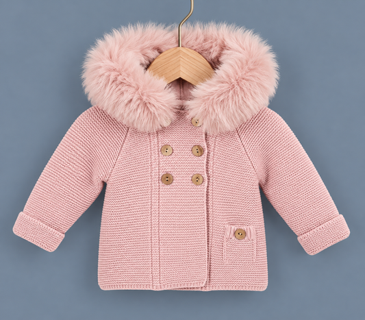 Abrigo de Punto con Gran Capucha de Pelo - Rosa