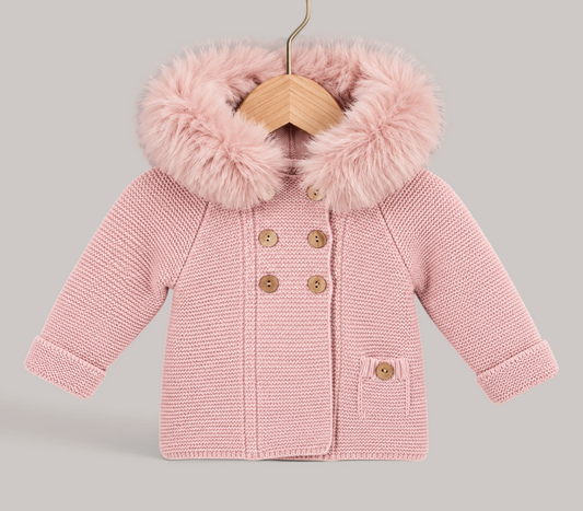 Abrigo de Punto con Gran Capucha de Pelo - Rosa