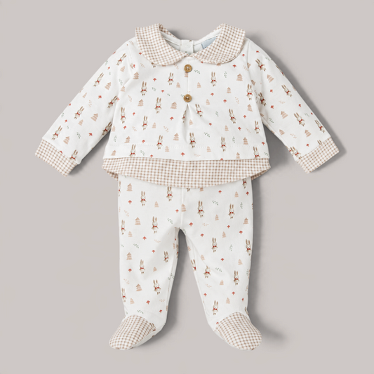 Conjunto de bebé niño NAVIA con estampado de conejitos, camiseta de manga larga y polaina en algodón suave beige