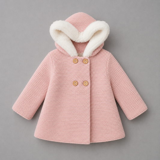 Abrigo de Punto Rosa con Capucha de Pelo para Bebé
