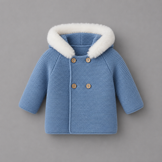 Abrigo de Punto Azul Azafata con Capucha de Pelo para Bebé