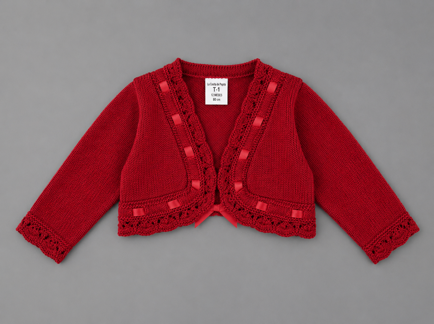 Chaqueta Bolero de Punto Roja con Detalles de Raso para Bebé