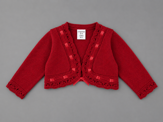 Chaqueta Bolero de Punto Roja con Detalles de Raso para Bebé