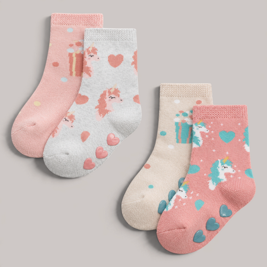 Pack de calcetines antideslizantes NAVIA para bebé con estampados de unicornios y corazones en tonos pastel