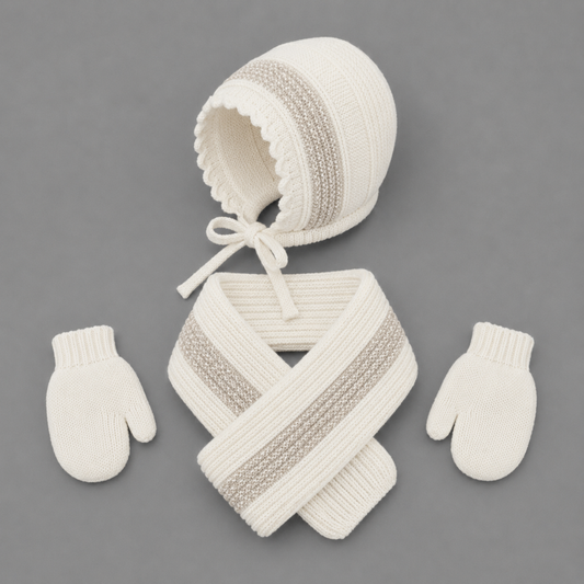 Conjunto de Gorro, Bufanda y Manoplas Beige para Bebé