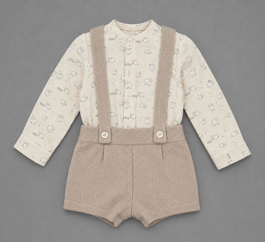 Conjunto Bebé Beige con Camisa Estampada y Pantalón con Tirantes