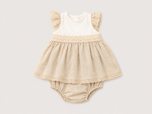 Vestido Bebé Lino Beige con Braguita y Encaje