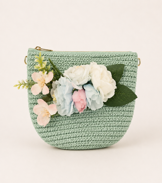 Bolso de Rafia Verde Agua con Flores