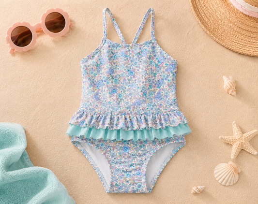 Bañador Infantil Floral Azul con Volantes