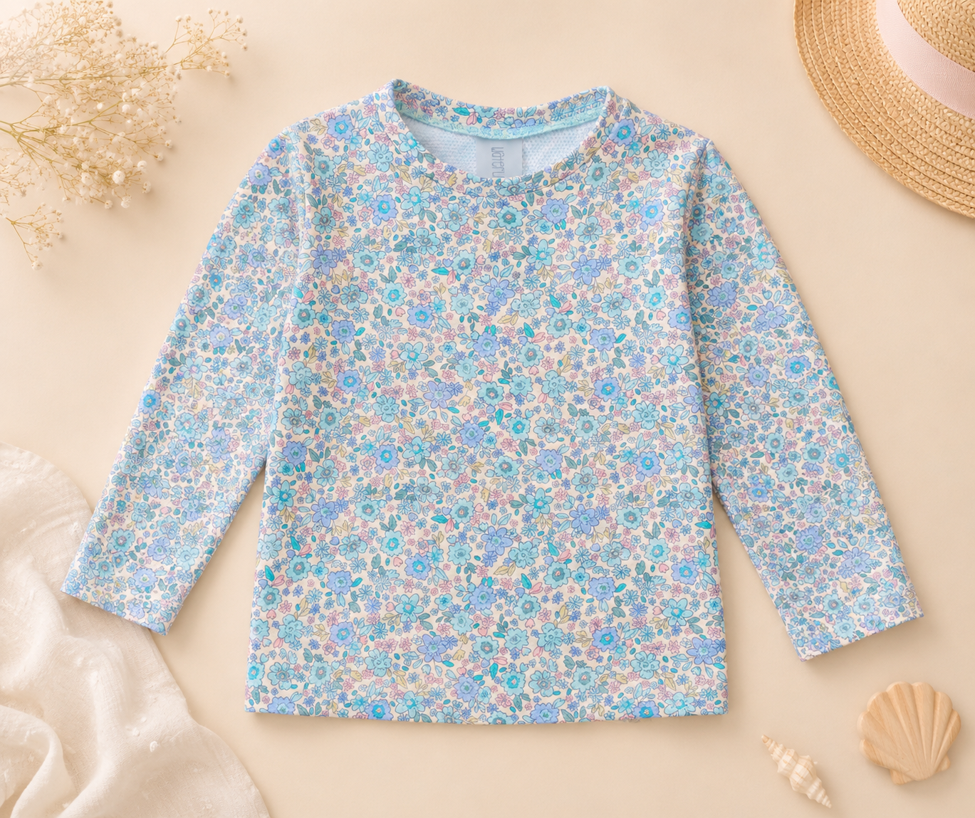 Camiseta de Baño Infantil Floral Azul de Manga Larga Unisex
