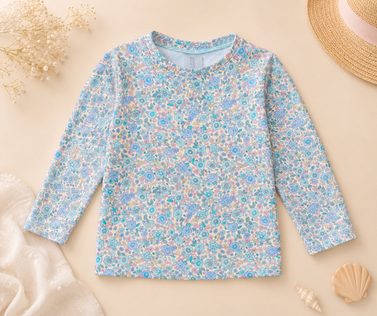 Camiseta de Baño Infantil Floral Azul de Manga Larga Unisex