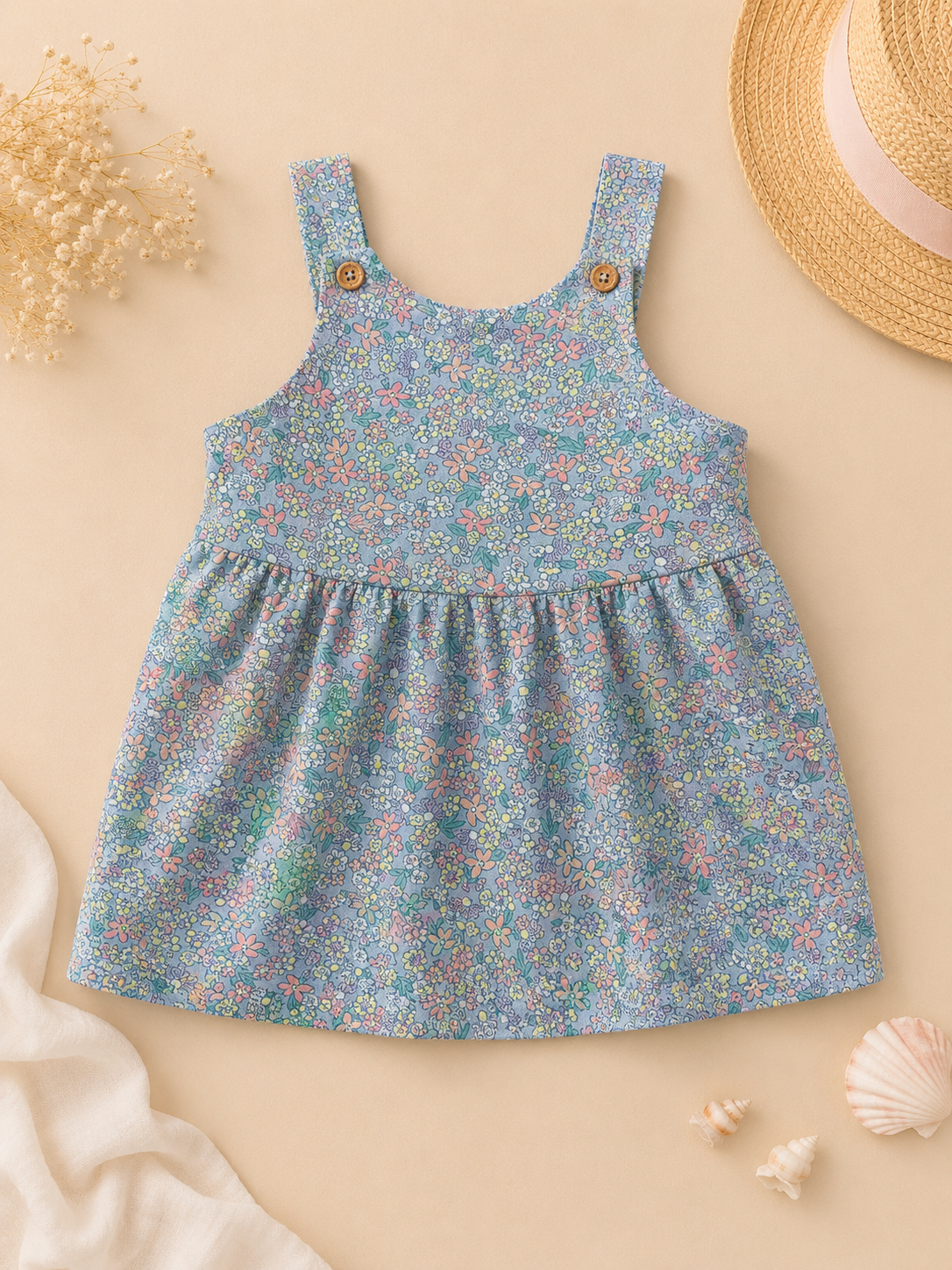 Vestido Bebé Niña Estampado Floral Azul con Tirantes y Botones de Madera