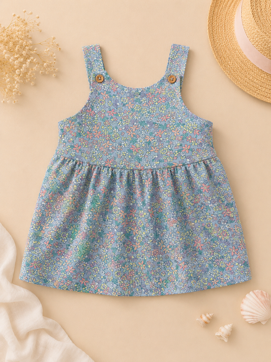 Vestido Bebé Niña Estampado Floral Azul con Tirantes y Botones de Madera