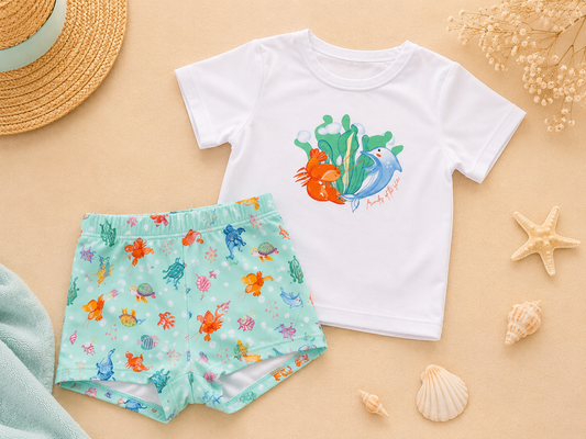 Conjunto de Baño Bebé Niño Camiseta UV + Bañador Estampado Fondo Marino